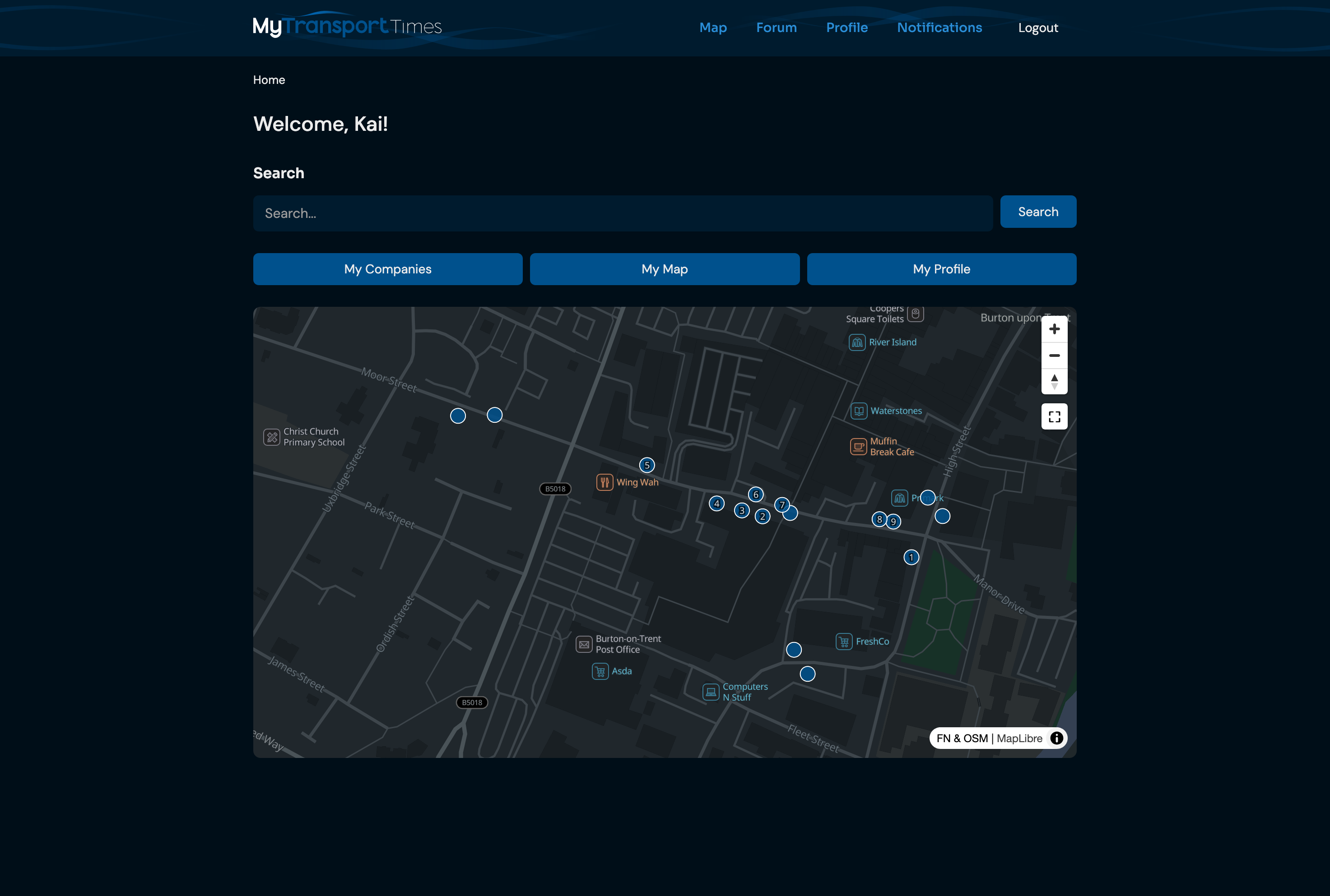 My Transport Times home page